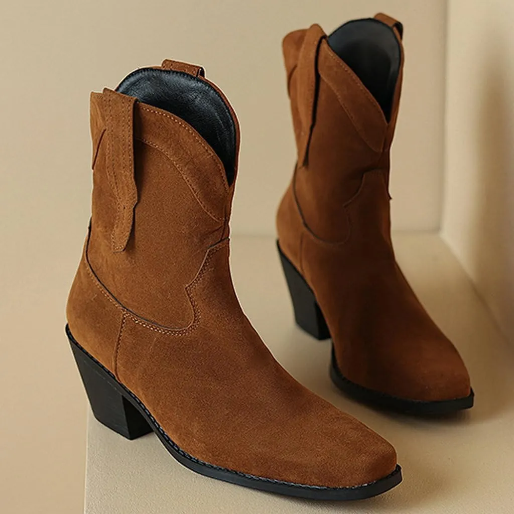 DINTAHA Short Suede Cowgirl Boots Ankle Chunky Heeled Cowboy Western Boots