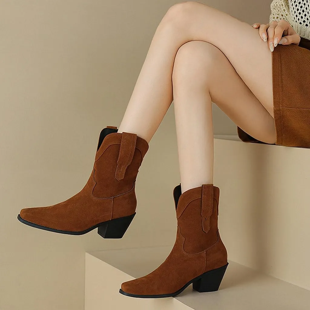 DINTAHA Short Suede Cowgirl Boots Ankle Chunky Heeled Cowboy Western Boots