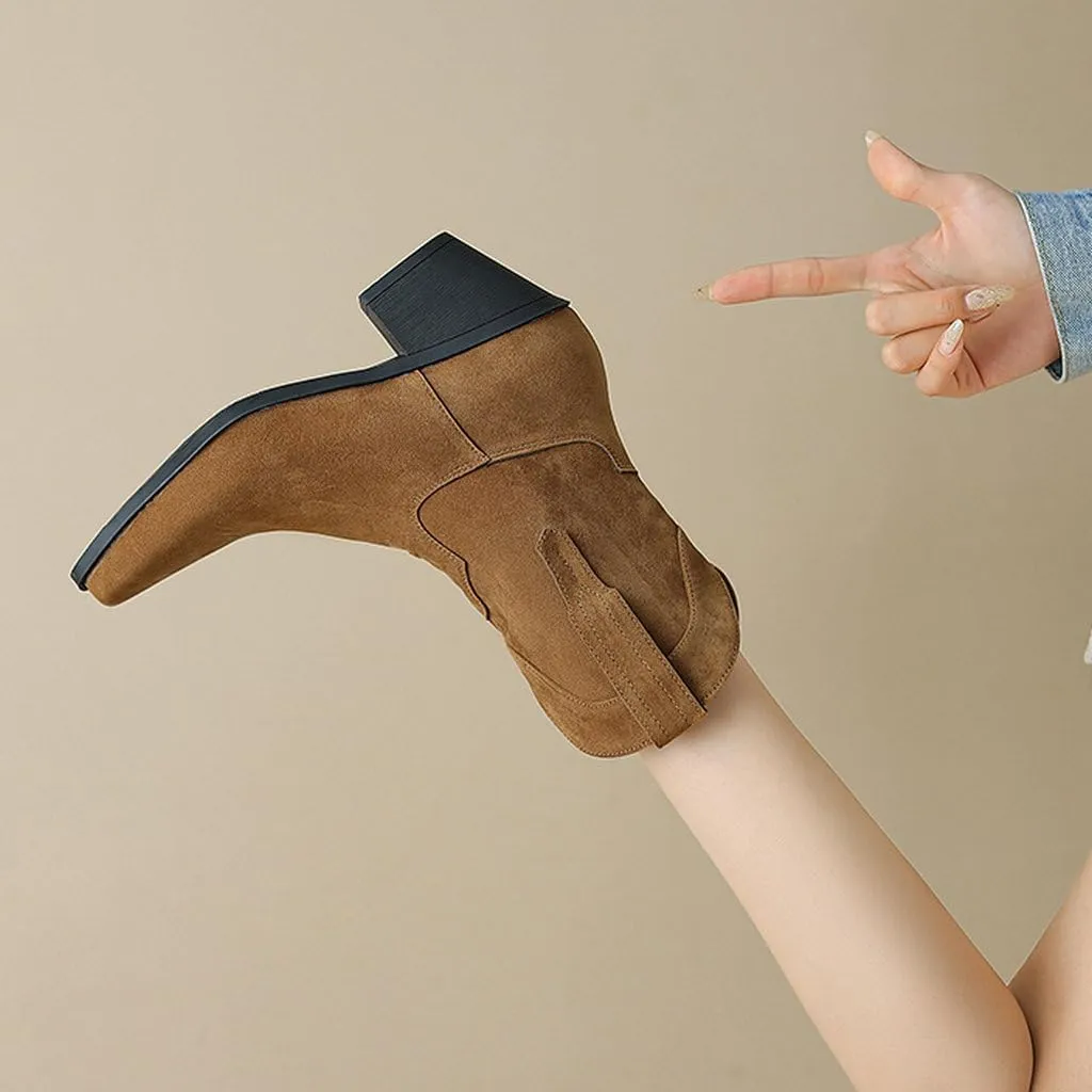 DINTAHA Short Suede Cowgirl Boots Ankle Chunky Heeled Cowboy Western Boots