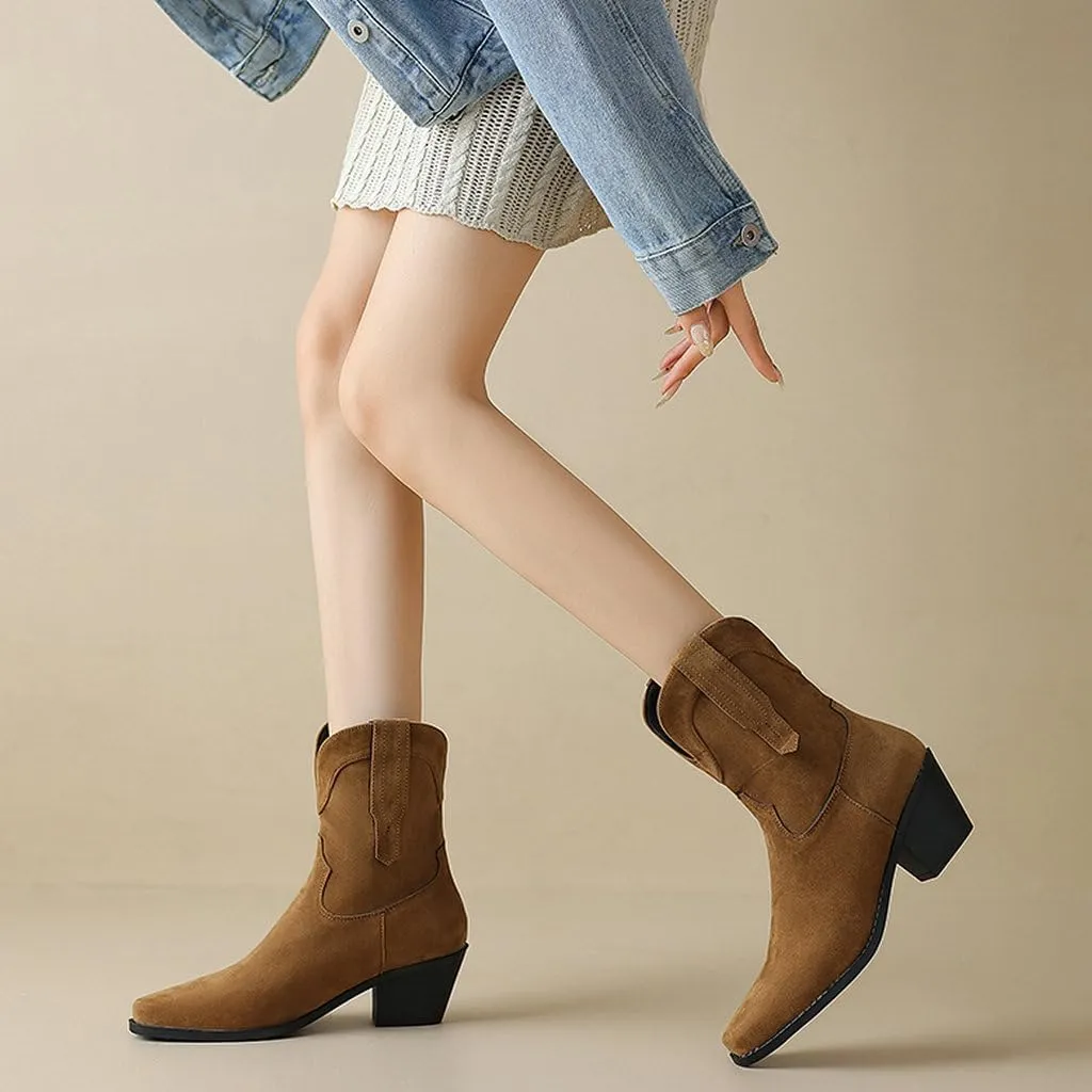 DINTAHA Short Suede Cowgirl Boots Ankle Chunky Heeled Cowboy Western Boots