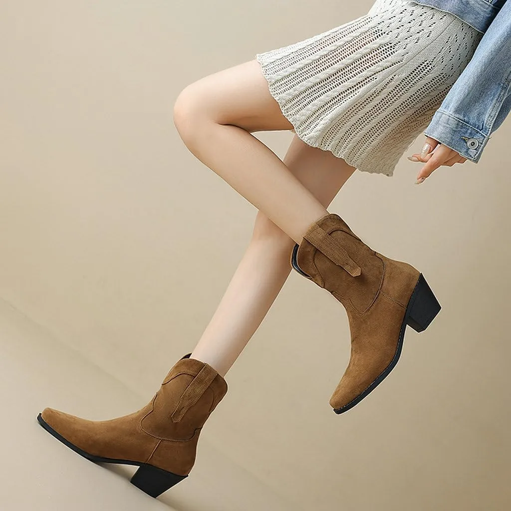 DINTAHA Short Suede Cowgirl Boots Ankle Chunky Heeled Cowboy Western Boots