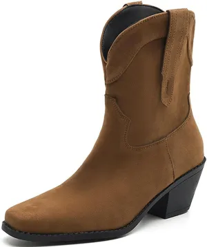 DINTAHA Short Suede Cowgirl Boots Ankle Chunky Heeled Cowboy Western Boots
