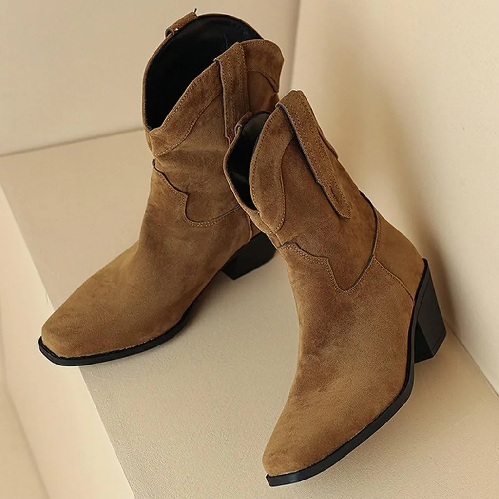 DINTAHA Short Suede Cowgirl Boots Ankle Chunky Heeled Cowboy Western Boots