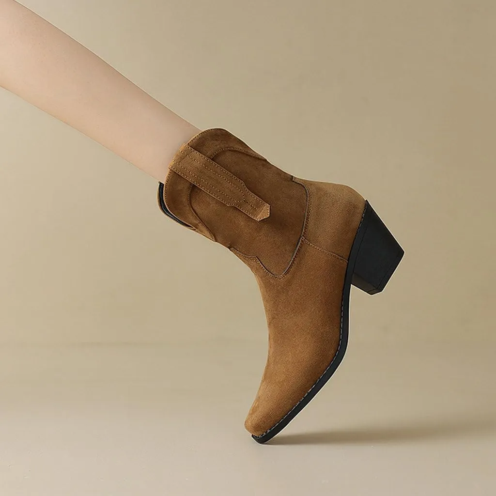 DINTAHA Short Suede Cowgirl Boots Ankle Chunky Heeled Cowboy Western Boots