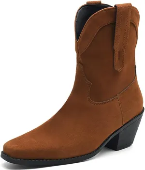 DINTAHA Short Suede Cowgirl Boots Ankle Chunky Heeled Cowboy Western Boots