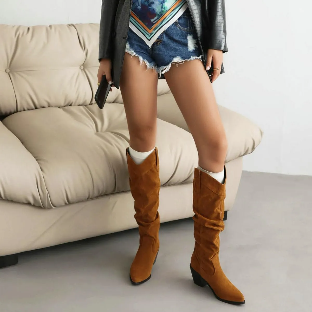 DINTAHA Slouchy Boots For Women,Suede Knee High Cowboy Boots Slouch Heeled Cowgirl Boots