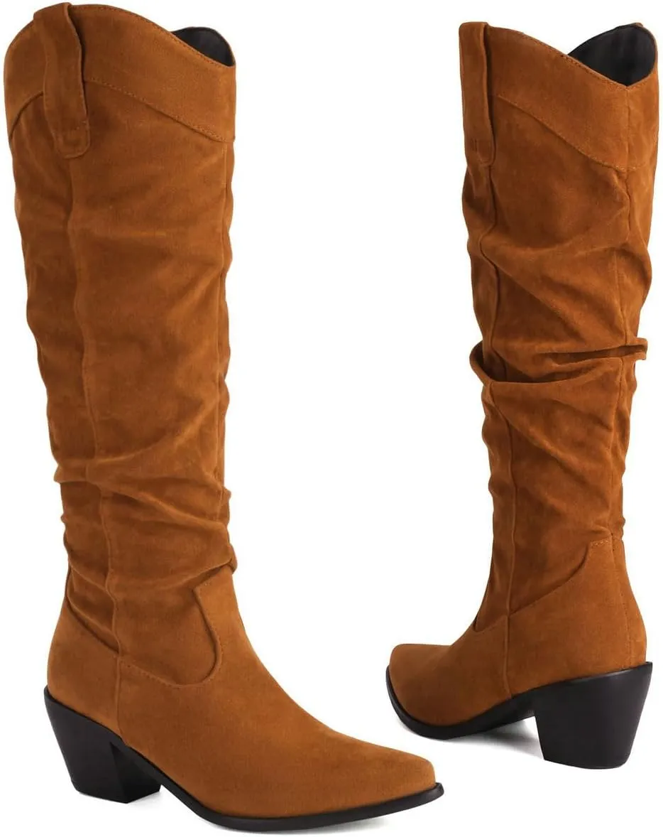DINTAHA Slouchy Boots For Women,Suede Knee High Cowboy Boots Slouch Heeled Cowgirl Boots