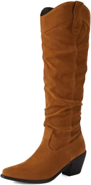 DINTAHA Slouchy Boots For Women,Suede Knee High Cowboy Boots Slouch Heeled Cowgirl Boots