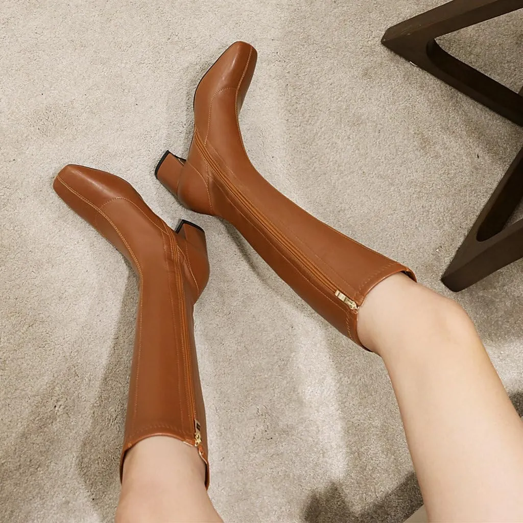 DINTAHA Square Toe Chunky Knee High Heeled Boots Tall Boots For Women Fall Zip Up Boots