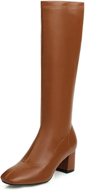 DINTAHA Square Toe Chunky Knee High Heeled Boots Tall Boots For Women Fall Zip Up Boots