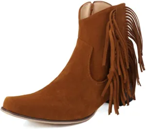 DINTAHA Suede Fringe Cowgirl Boots Leopard Print Cowboy Boots Chunky Low Heeled Zip Up Booties