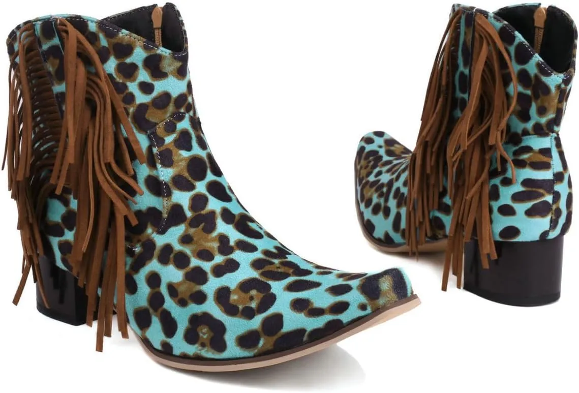 DINTAHA Suede Fringe Cowgirl Boots Leopard Print Cowboy Boots Chunky Low Heeled Zip Up Booties