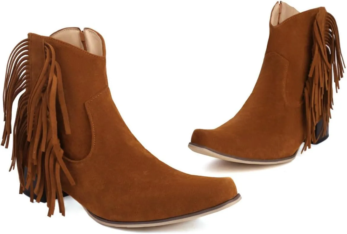 DINTAHA Suede Fringe Cowgirl Boots Leopard Print Cowboy Boots Chunky Low Heeled Zip Up Booties
