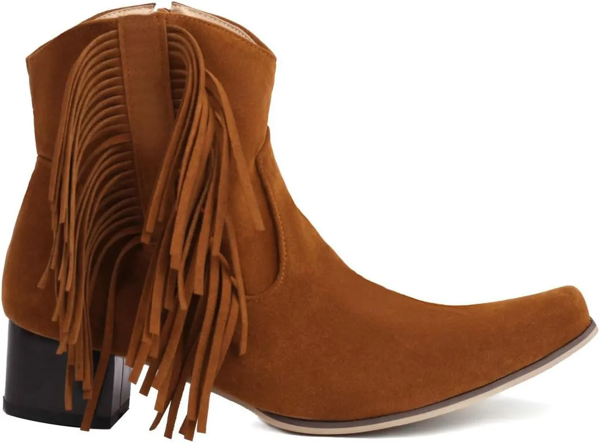 DINTAHA Suede Fringe Cowgirl Boots Leopard Print Cowboy Boots Chunky Low Heeled Zip Up Booties