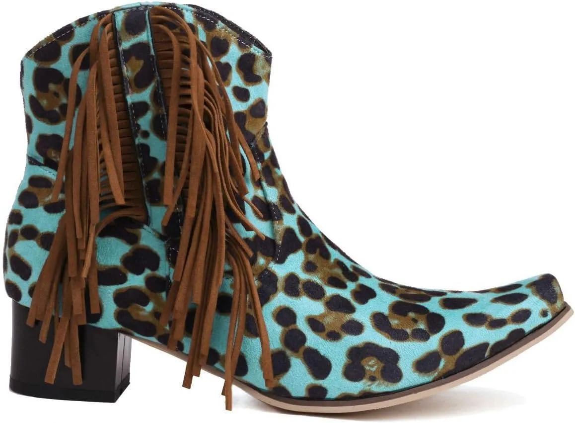 DINTAHA Suede Fringe Cowgirl Boots Leopard Print Cowboy Boots Chunky Low Heeled Zip Up Booties