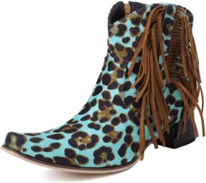 DINTAHA Suede Fringe Cowgirl Boots Leopard Print Cowboy Boots Chunky Low Heeled Zip Up Booties