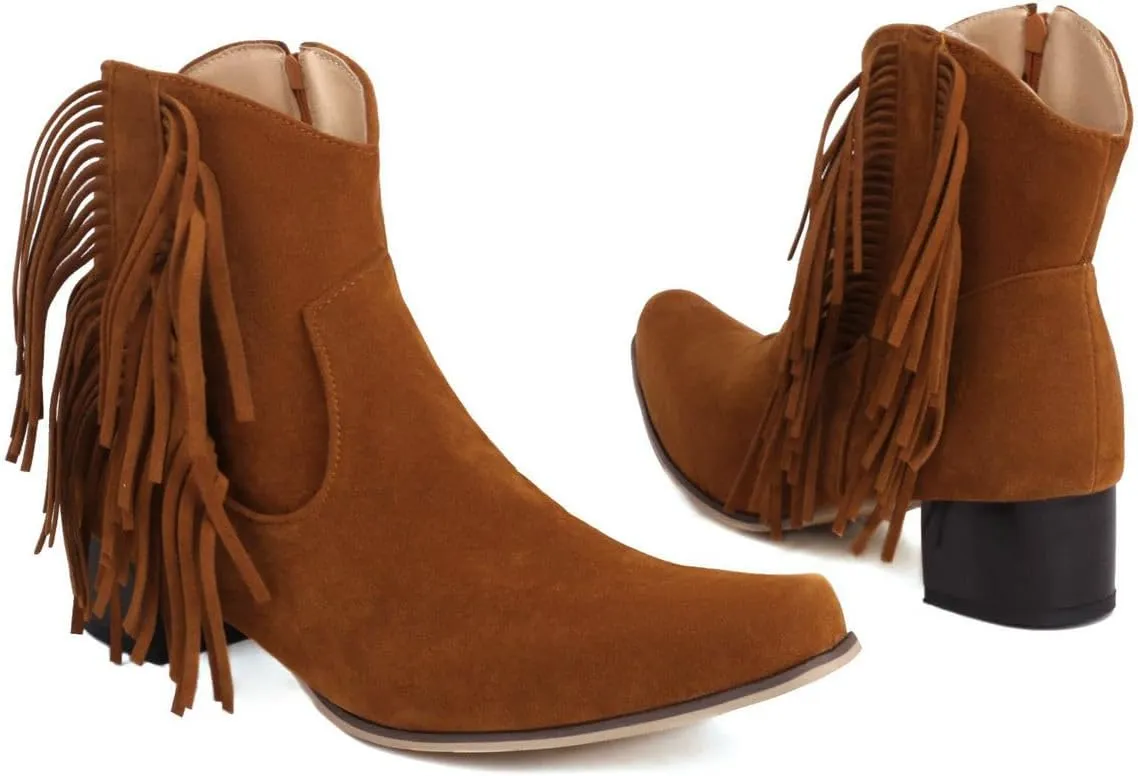 DINTAHA Suede Fringe Cowgirl Boots Leopard Print Cowboy Boots Chunky Low Heeled Zip Up Booties
