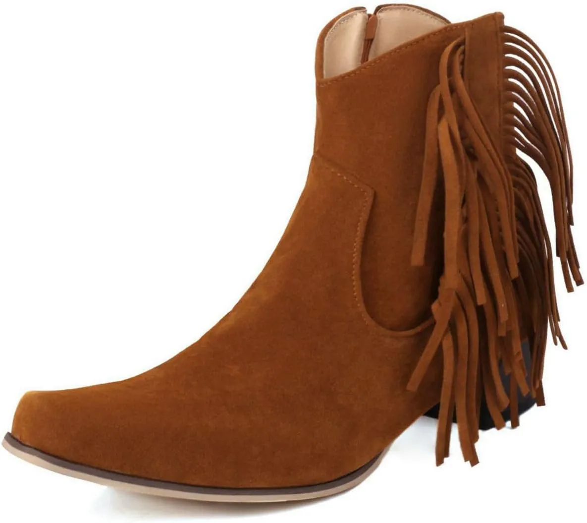 DINTAHA Suede Fringe Cowgirl Boots Leopard Print Cowboy Boots Chunky Low Heeled Zip Up Booties