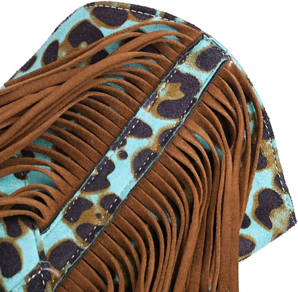 DINTAHA Suede Fringe Cowgirl Boots Leopard Print Cowboy Boots Chunky Low Heeled Zip Up Booties
