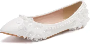 Dress First Women Low Heel Closed Toe Pumps Pointy Wedding Bridal Shoes with Stitching Lace