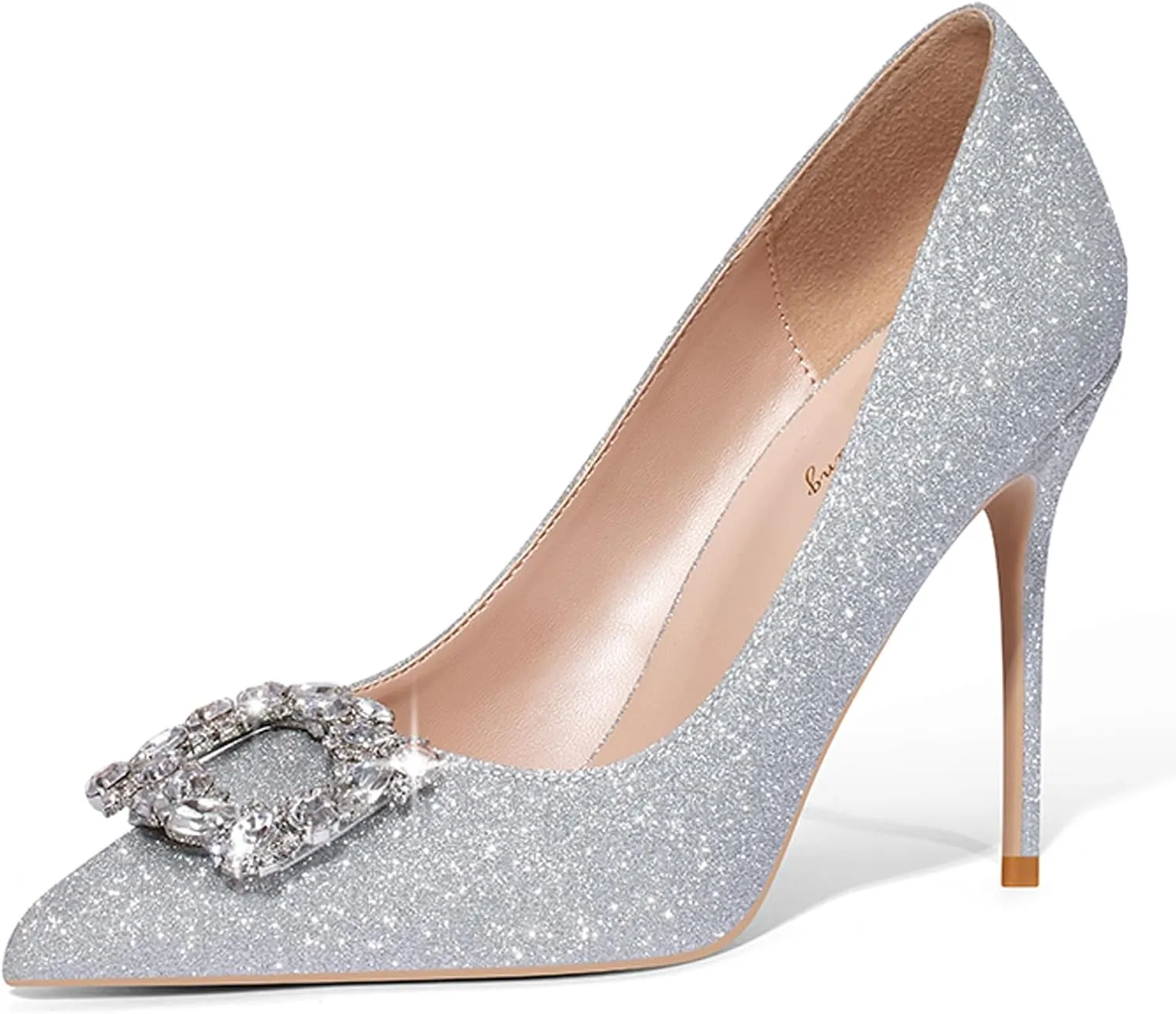 Elisabet Tang Women's Pumps 4 Inch Satin Glitter Rhinestone Heels for Women High Heels Closed Pointed Toe Slip on Party Wedding Shoes