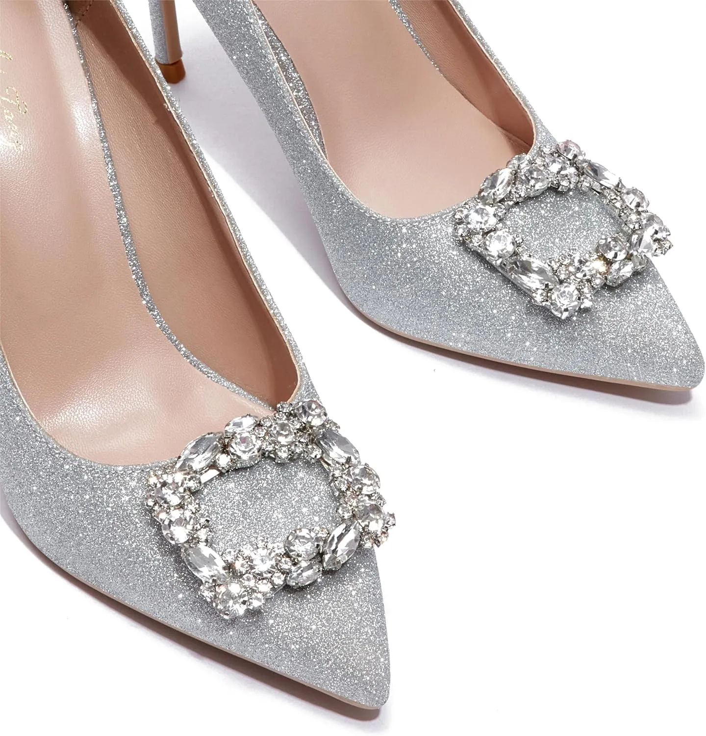Elisabet Tang Women's Pumps 4 Inch Satin Glitter Rhinestone Heels for Women High Heels Closed Pointed Toe Slip on Party Wedding Shoes