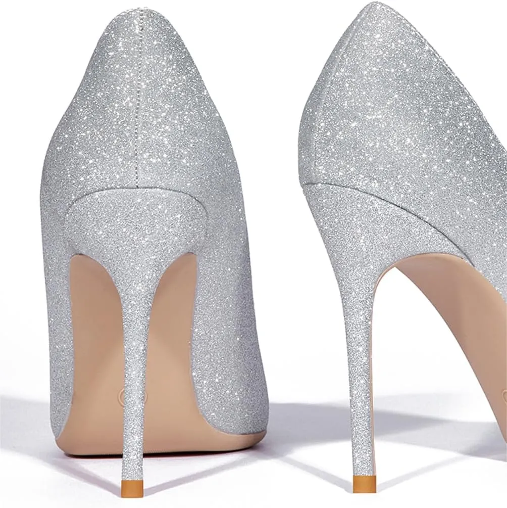 Elisabet Tang Women's Pumps 4 Inch Satin Glitter Rhinestone Heels for Women High Heels Closed Pointed Toe Slip on Party Wedding Shoes
