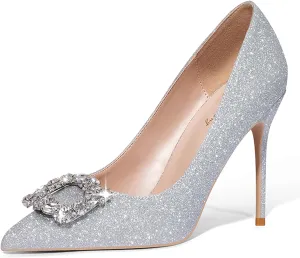 Elisabet Tang Women's Pumps 4 Inch Satin Glitter Rhinestone Heels for Women High Heels Closed Pointed Toe Slip on Party Wedding Shoes
