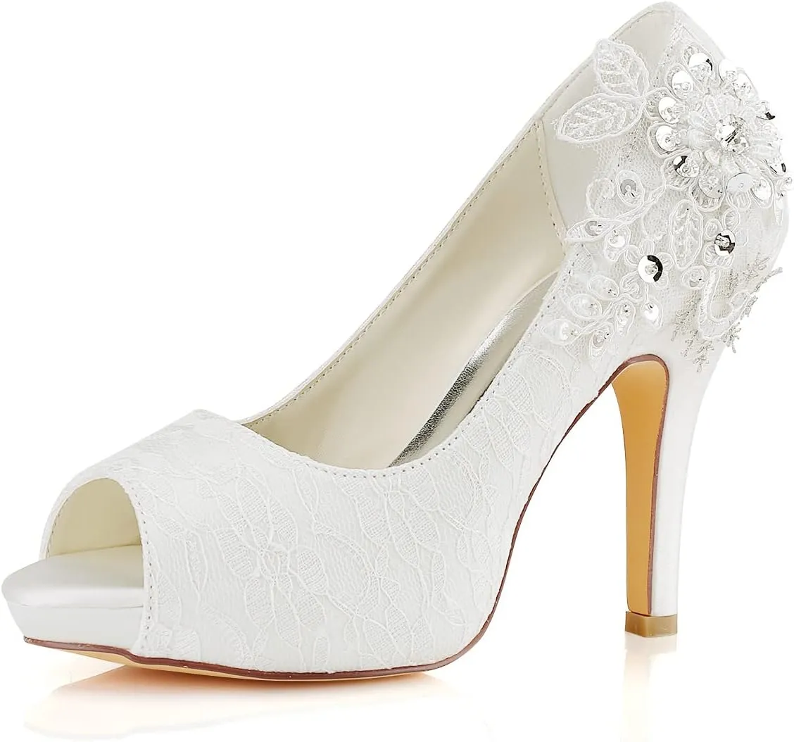 Emily Bridal Wedding Shoes Lace Wedding Shoes Ivory Lace Peep Toe High Heel Bridal Shoes
