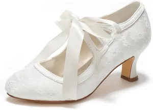 Emily Bridal Wedding Shoes Women's Lace Spool Heel Closed Toe Pumps