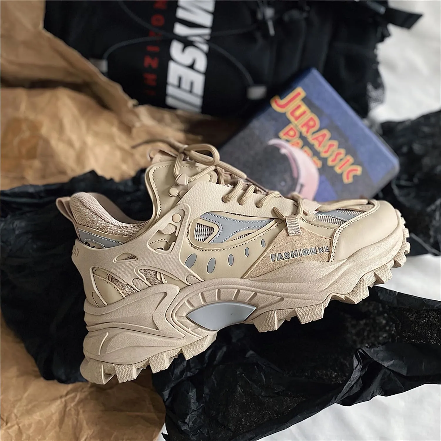 Exusiai Men's Chunky Sole Sneakers Stylish Lace-Up Dad Shoes Platform Athletic Breathable Walking Running Shoes for Comfort & Durability