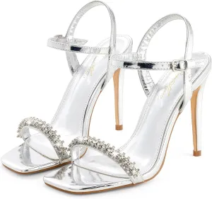 GENSHUO Women's Square Toe Strappy Stiletto Heels with Rhinestone,4 Inch Open Toe Heel Sandals Ankle Strap Buckle Sexy High Heeled Prom Party Wedding Daily Wear Dress Shoes Silver Size 8
