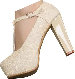 getmorebeauty Women's Marty Janes T-Strappy Lace Women Dress Wedding Shoes