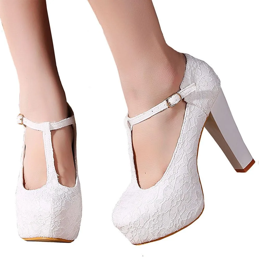getmorebeauty Women's Marty Janes T-Strappy Lace Women Dress Wedding Shoes