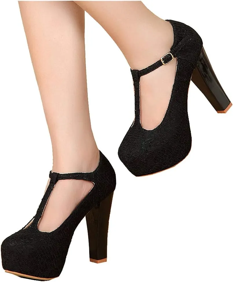 getmorebeauty Women's Marty Janes T-Strappy Lace Women Dress Wedding Shoes