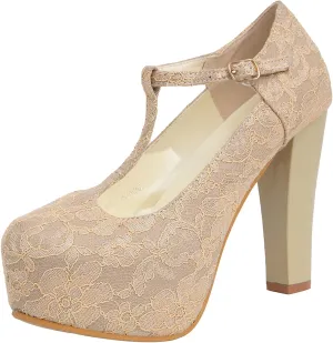 getmorebeauty Women's Marty Janes T-Strappy Lace Women Dress Wedding Shoes