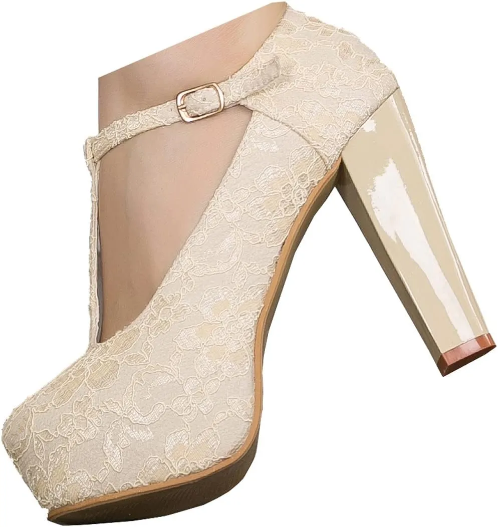 getmorebeauty Women's Marty Janes T-Strappy Lace Women Dress Wedding Shoes
