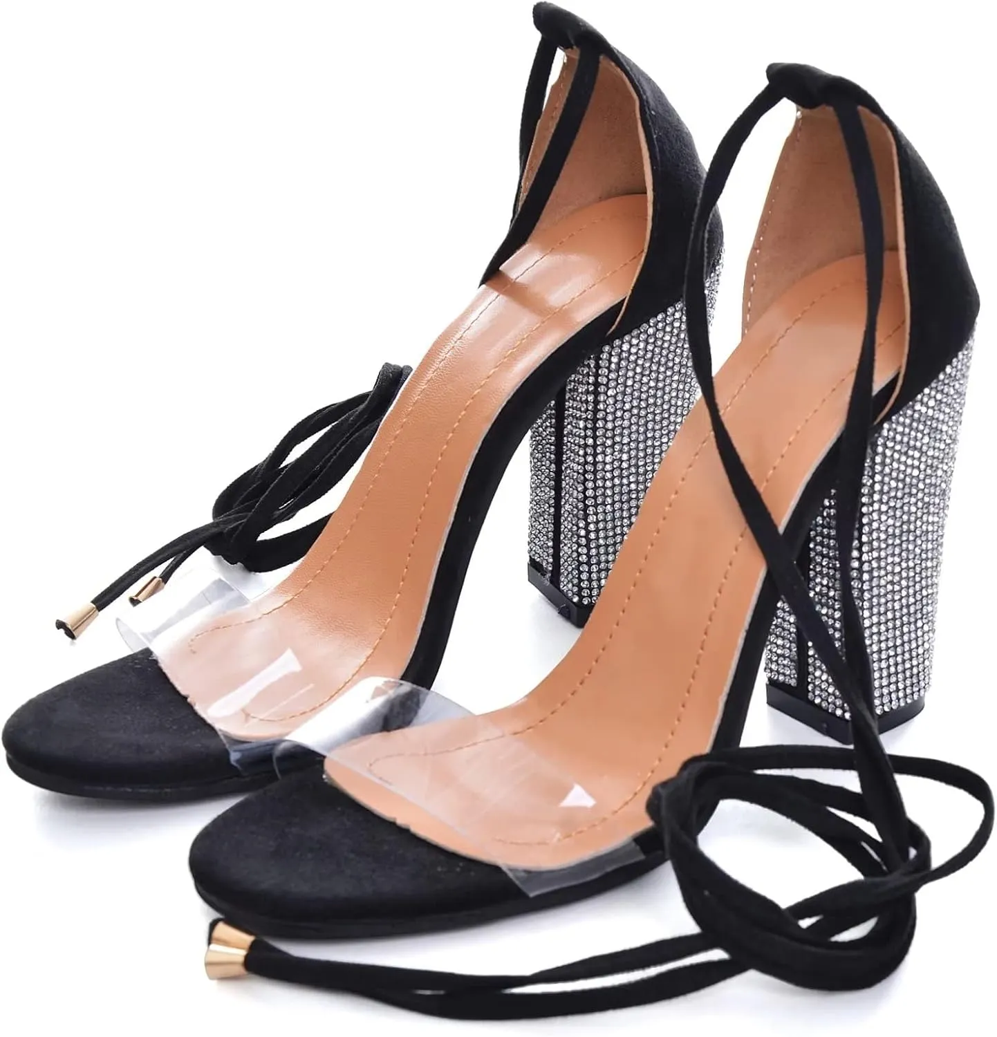 Hee grand Women's Rhinestone Heels Gladiator Ankle Strappy High Heel Sandals Open Toe Chunky Dress Shoes for Party