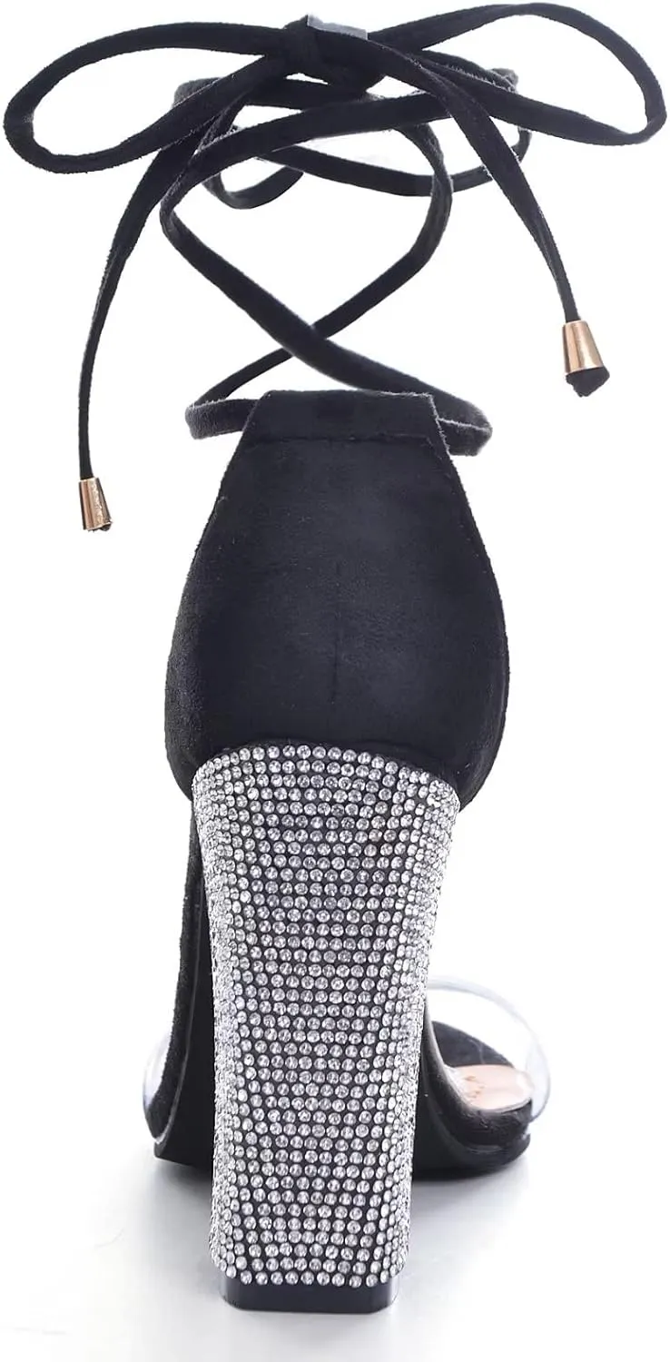 Hee grand Women's Rhinestone Heels Gladiator Ankle Strappy High Heel Sandals Open Toe Chunky Dress Shoes for Party