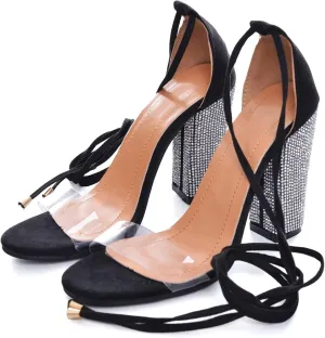 Hee grand Women's Rhinestone Heels Gladiator Ankle Strappy High Heel Sandals Open Toe Chunky Dress Shoes for Party