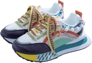 Kawaii Women's Rainbow Platform Sneakers with Pearl & Chain Decoration - Colorful Chunky Fashion Dad Shoes