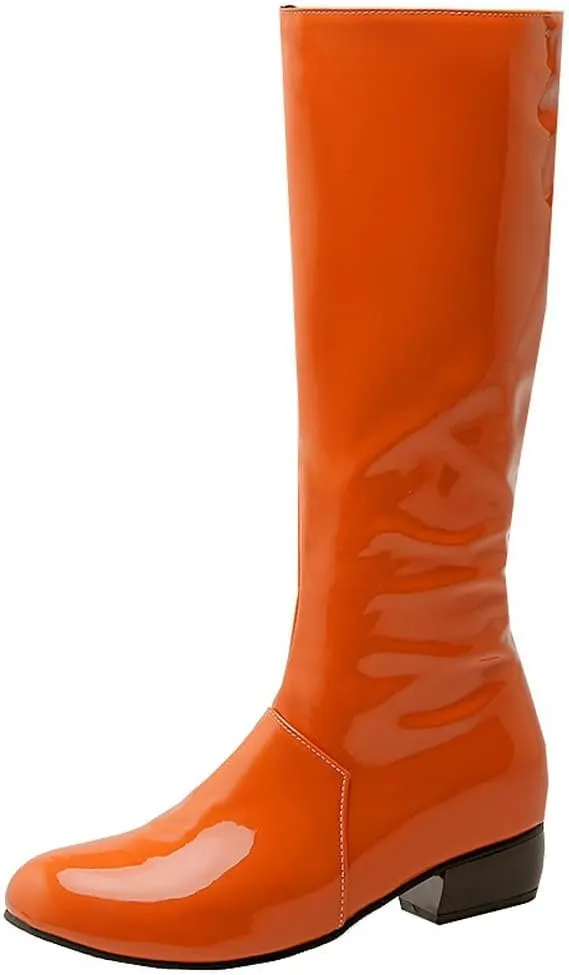 KISSASA Womens GOGO Boots Chunky Mid Calf Low Heel Patent Zip Up Boots Disco Dancing Shoes