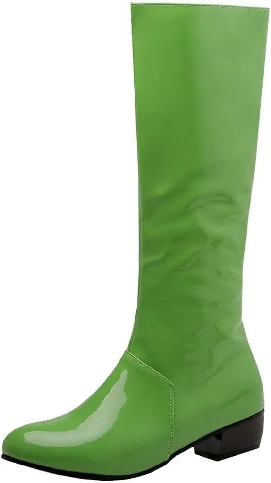 KISSASA Womens GOGO Boots Chunky Mid Calf Low Heel Patent Zip Up Boots Disco Dancing Shoes