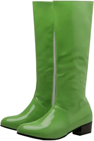 KISSASA Womens GOGO Boots Chunky Mid Calf Low Heel Patent Zip Up Boots Disco Dancing Shoes