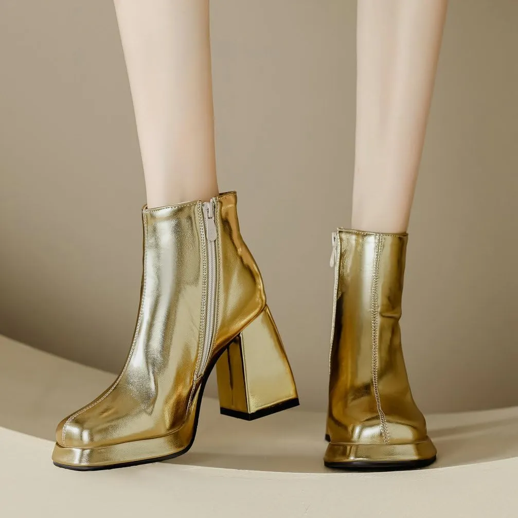 KOKOMOMO Metallic Platform Gogo Boots Square Toe High Chunky Heel Ankle Boots With Zip Up