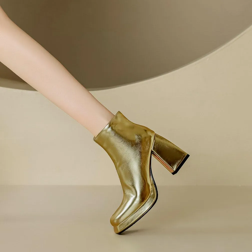 KOKOMOMO Metallic Platform Gogo Boots Square Toe High Chunky Heel Ankle Boots With Zip Up