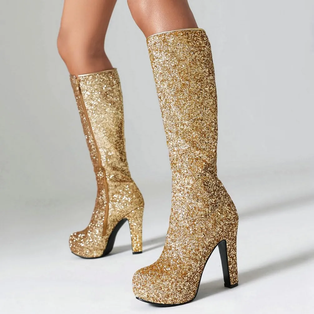 KOKOMOMO Sparkly Glitter Knee High Platform Boots Sequin Chunky Knee High Heeled Boots With Zip Up Wedding Party Shoes