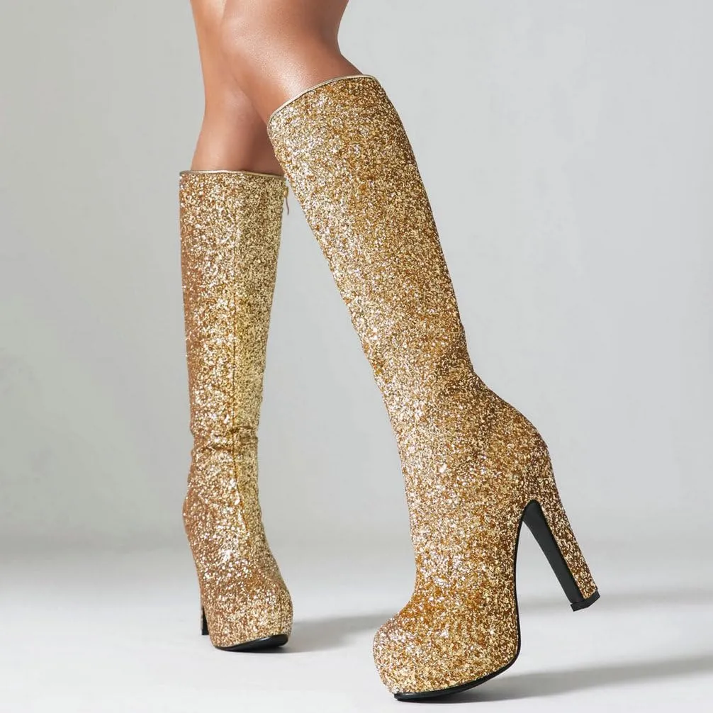 KOKOMOMO Sparkly Glitter Knee High Platform Boots Sequin Chunky Knee High Heeled Boots With Zip Up Wedding Party Shoes