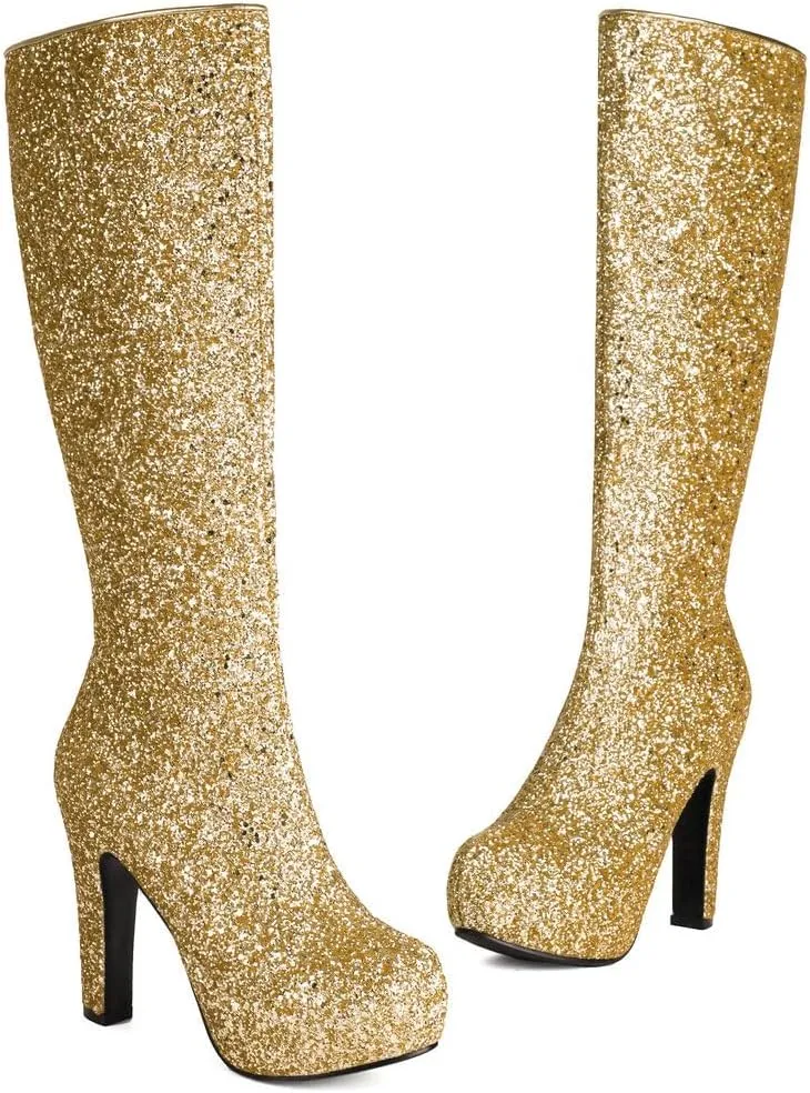 KOKOMOMO Sparkly Glitter Knee High Platform Boots Sequin Chunky Knee High Heeled Boots With Zip Up Wedding Party Shoes