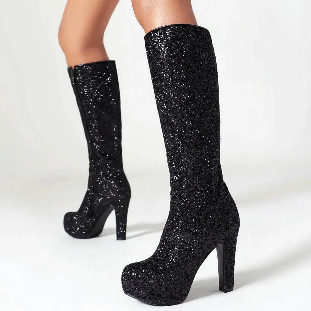 KOKOMOMO Sparkly Glitter Knee High Platform Boots Sequin Chunky Knee High Heeled Boots With Zip Up Wedding Party Shoes